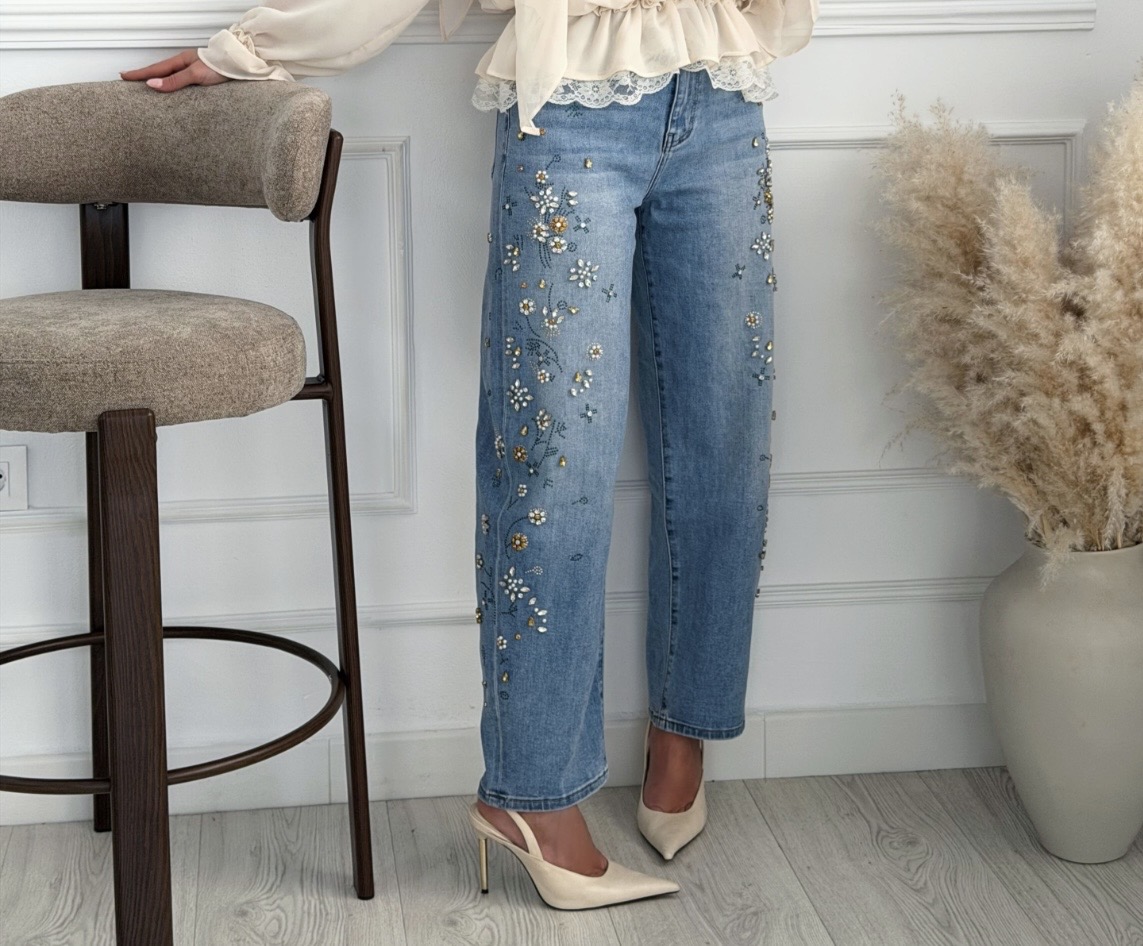 Jeans Baggy Florales Brillos